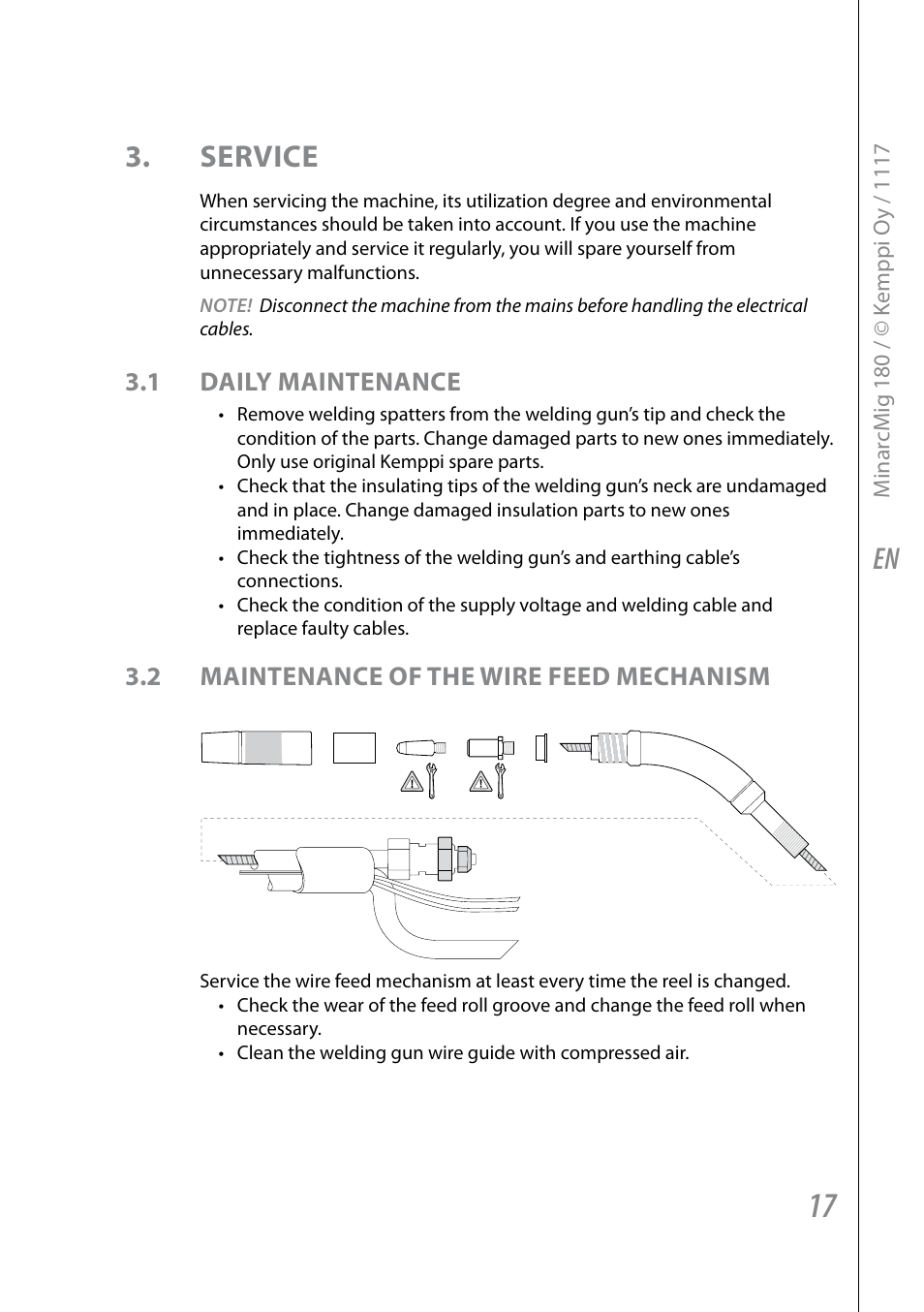 En 3. service, 1 daily maintenance, 2 maintenance of the wire feed mechanism | Kemppi Adaptive 180 User Manual | Page 19 / 26