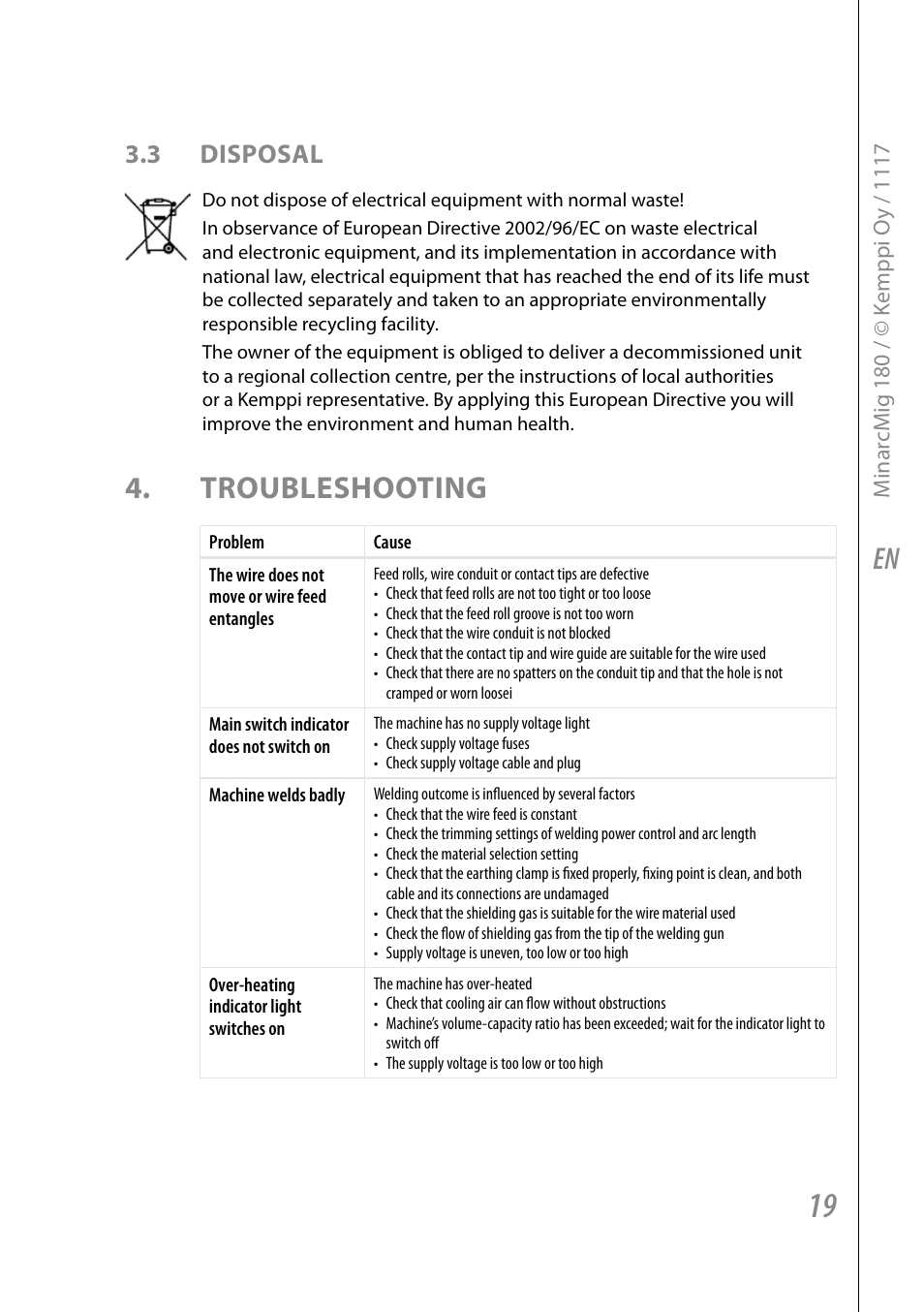 Troubleshooting, 3 disposal | Kemppi Adaptive 180 User Manual | Page 21 / 26