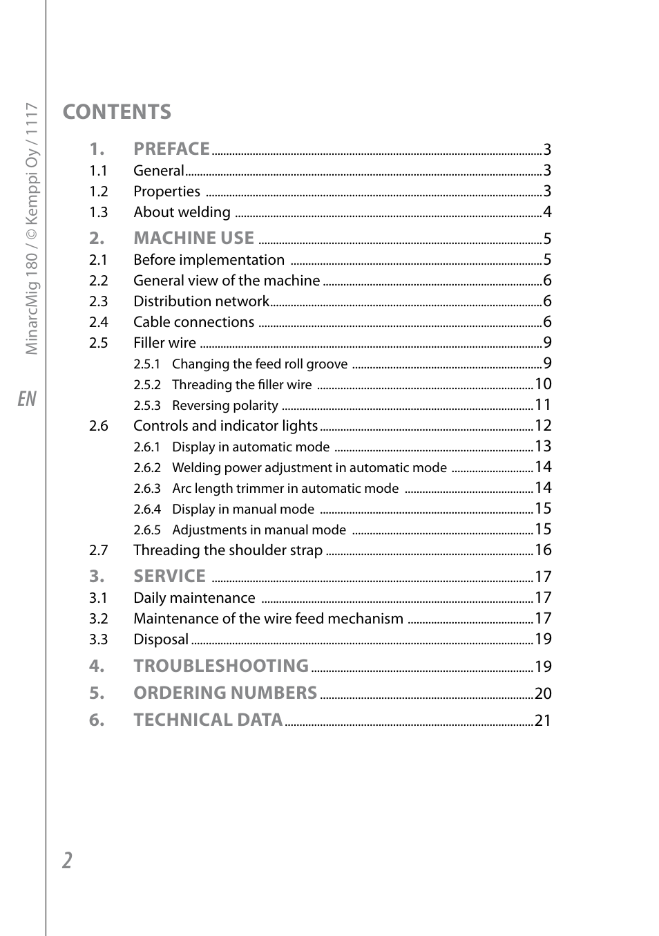En contents, Preface, Machine use | Service, Troubleshooting, Ordering numbers, Technical data | Kemppi Adaptive 180 User Manual | Page 4 / 26