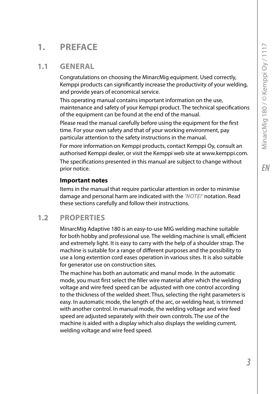 En 1. preface, 1 general, 2 properties | Kemppi Adaptive 180 User Manual | Page 5 / 26