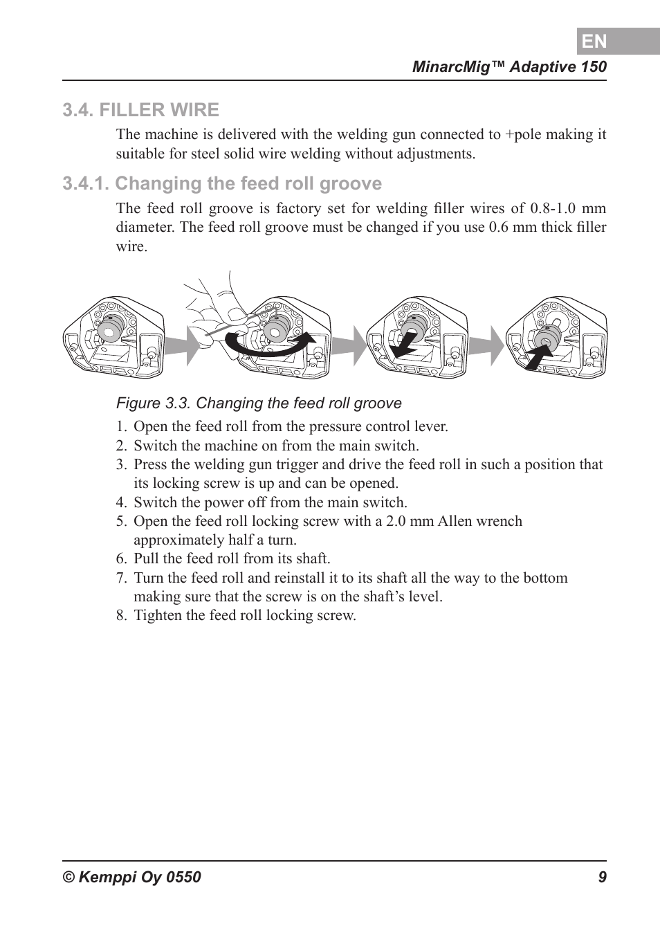 Lisäainelanka, Syöttöpyörän uran vaihto, Filler wire | Changing the feed roll groove, Zusatzwerkstoff, Drahtführungsnut auswechseln, Lasdraad, Aanpassen van aanvoerrolgroef, Fil d’apport, Changement du galet d’entraînement | Kemppi Adaptive 150 User Manual | Page 10 / 22