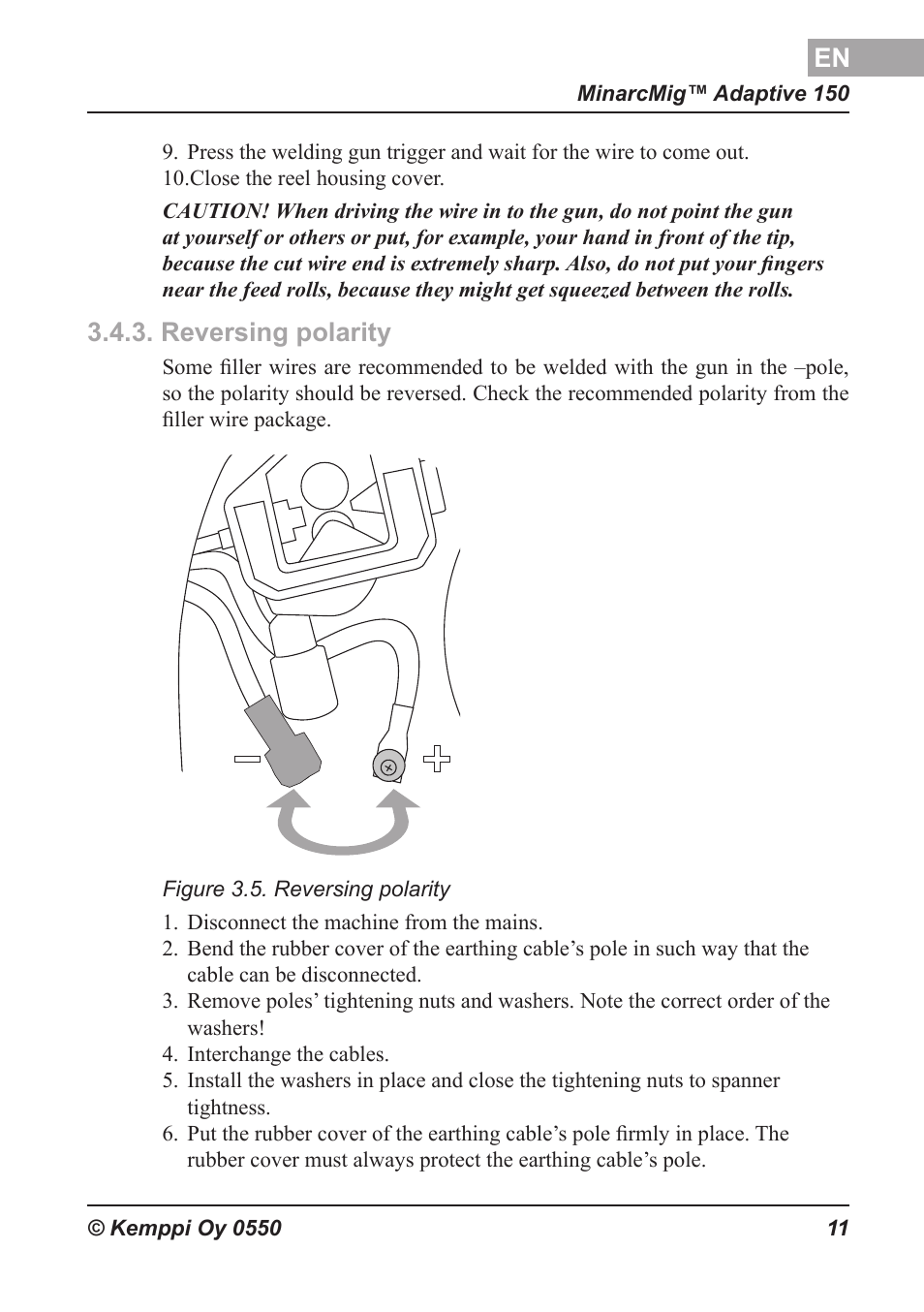 Napaisuuden vaihto, Reversing polarity, Polarität umkehren | Omkeren van de polariteit, Polarité inversée, Inversión de la polaridad | Kemppi Adaptive 150 User Manual | Page 12 / 22
