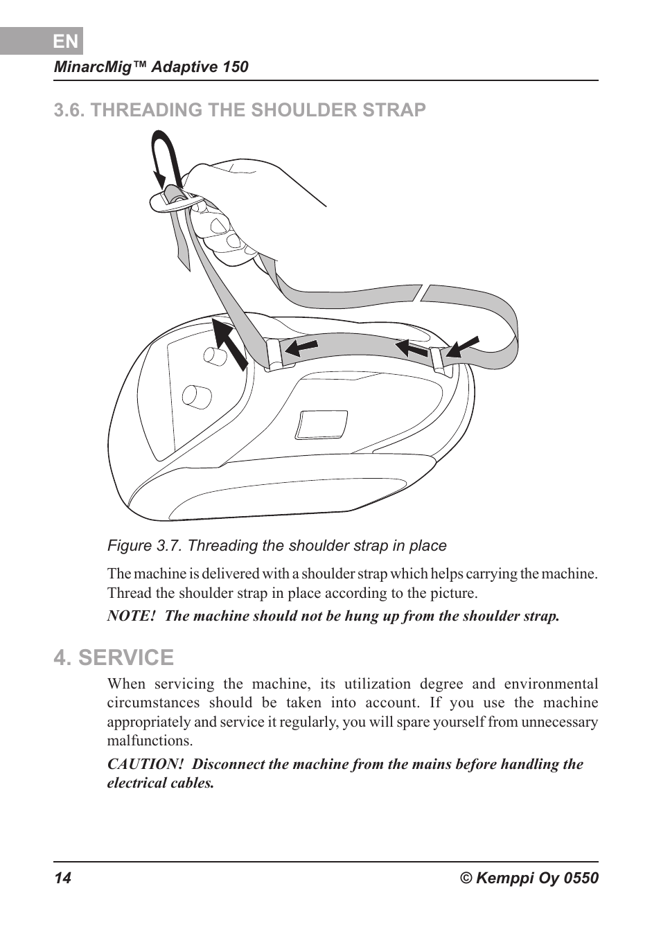 Olkahihnan pujotus, Huolto, Threading the shoulder strap | Service, Anbringung des schultergurts, Wartung und pflege, De schouderriem bevestigen, Onderhoud, Mise en place de la bandoulière, Entretien | Kemppi Adaptive 150 User Manual | Page 15 / 22