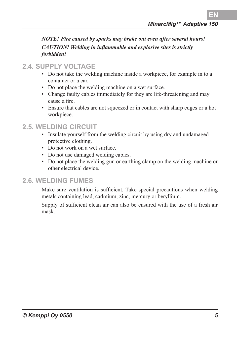 Verkkojännite, Hitsausvirtapiiri, Hitsaushuurut | Supply voltage, Welding circuit, Welding fumes, Brandschutz, Netzspannung, Schweißstromkreis, Schweißdämpfe | Kemppi Adaptive 150 User Manual | Page 6 / 22
