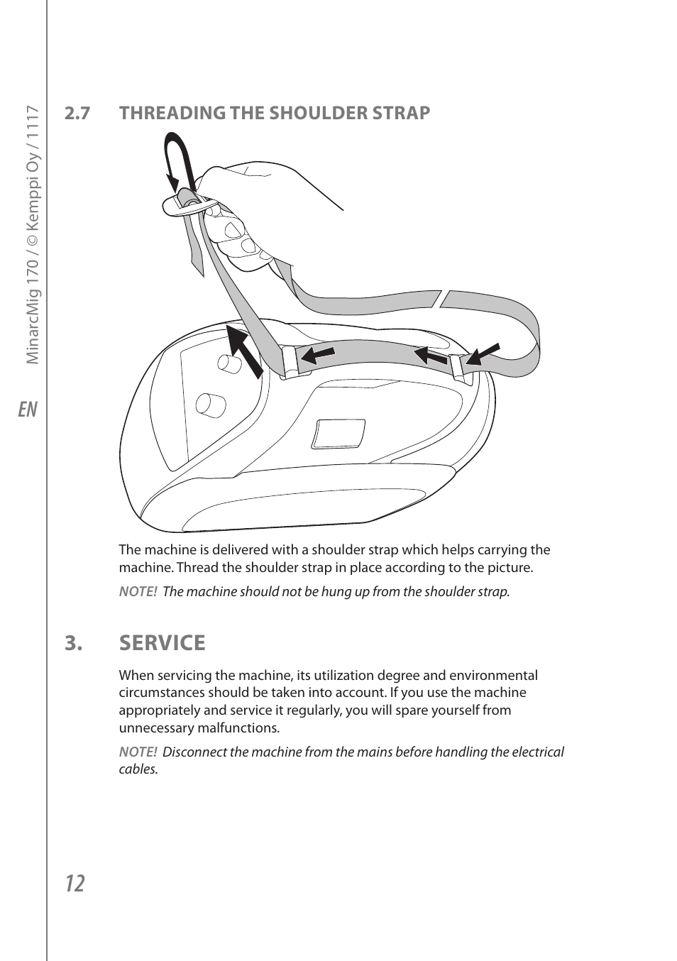 Service, 7 threading the shoulder strap | Kemppi Adaptive 170 User Manual | Page 14 / 20