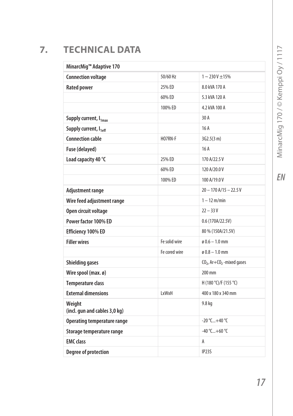 En 7. technical data | Kemppi Adaptive 170 User Manual | Page 19 / 20