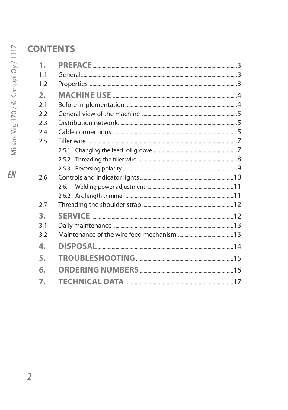 En contents, Preface, Machine use | Service, Disposal, Troubleshooting, Ordering numbers, Technical data | Kemppi Adaptive 170 User Manual | Page 4 / 20