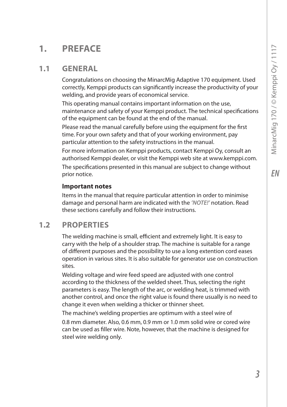 En 1. preface, 1 general, 2 properties | Kemppi Adaptive 170 User Manual | Page 5 / 20