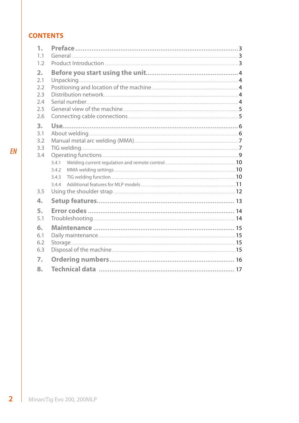 Contents 1. preface, Before you start using the unit, Setup features | Error codes, Maintenance, Ordering numbers, Technical data | Kemppi Evo 200 User Manual | Page 4 / 20