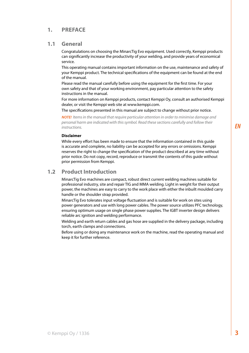Preface 1.1 general, 2 product introduction | Kemppi Evo 200 User Manual | Page 5 / 20