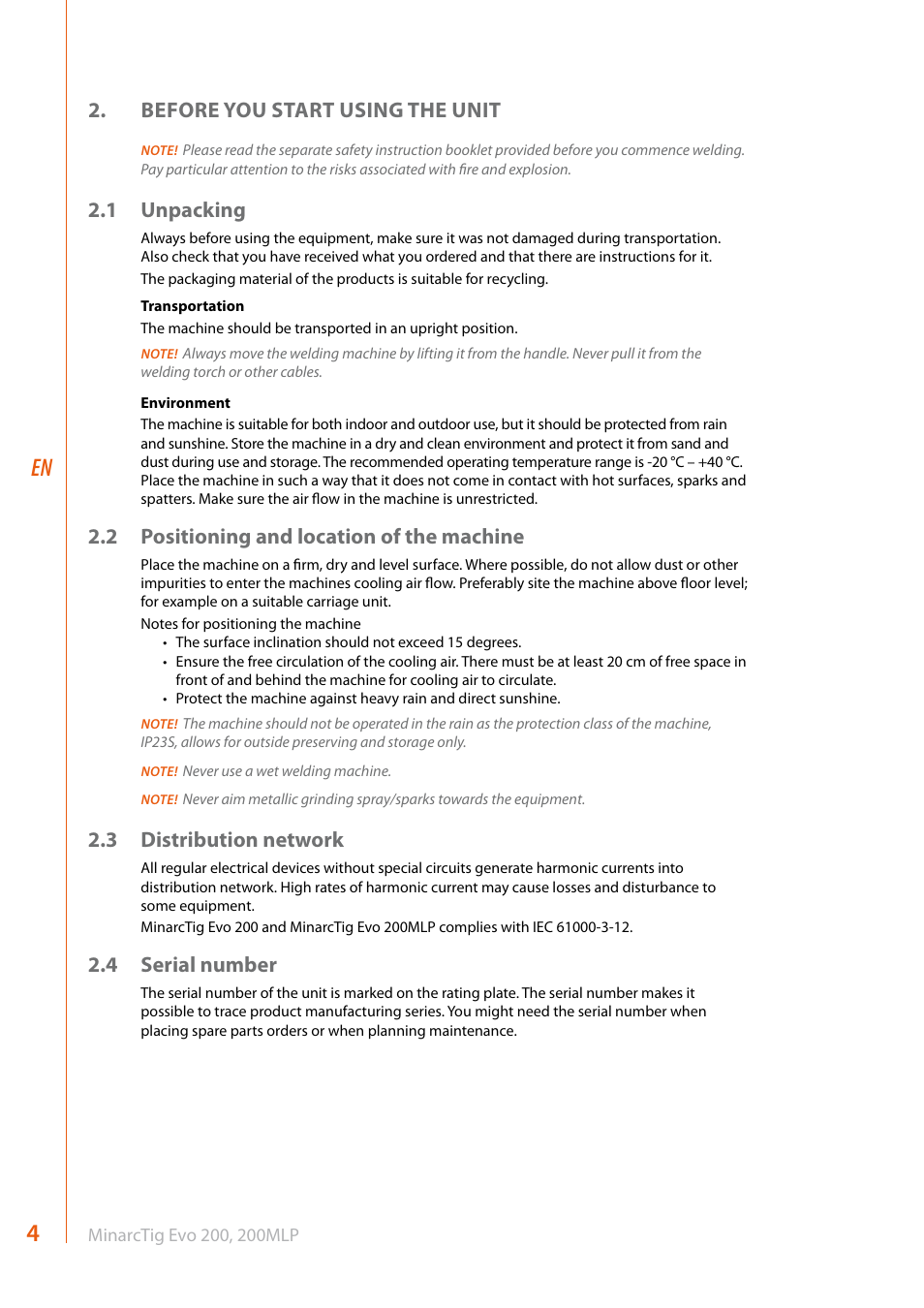 Before you start using the unit, 1 unpacking, 2 positioning and location of the machine | 3 distribution network, 4 serial number | Kemppi Evo 200 User Manual | Page 6 / 20