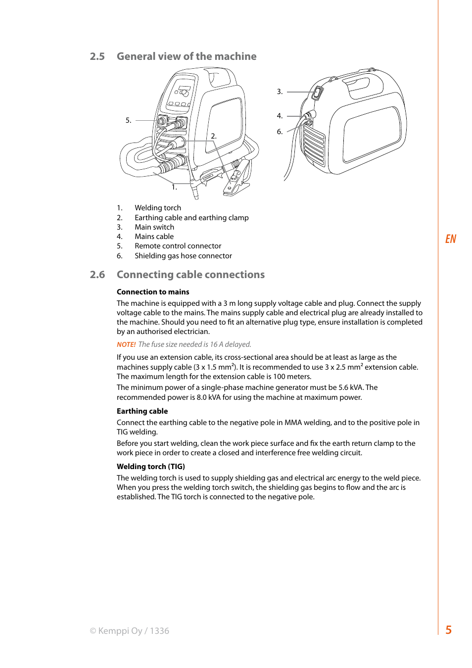 5 general view of the machine, 6 connecting cable connections | Kemppi Evo 200 User Manual | Page 7 / 20