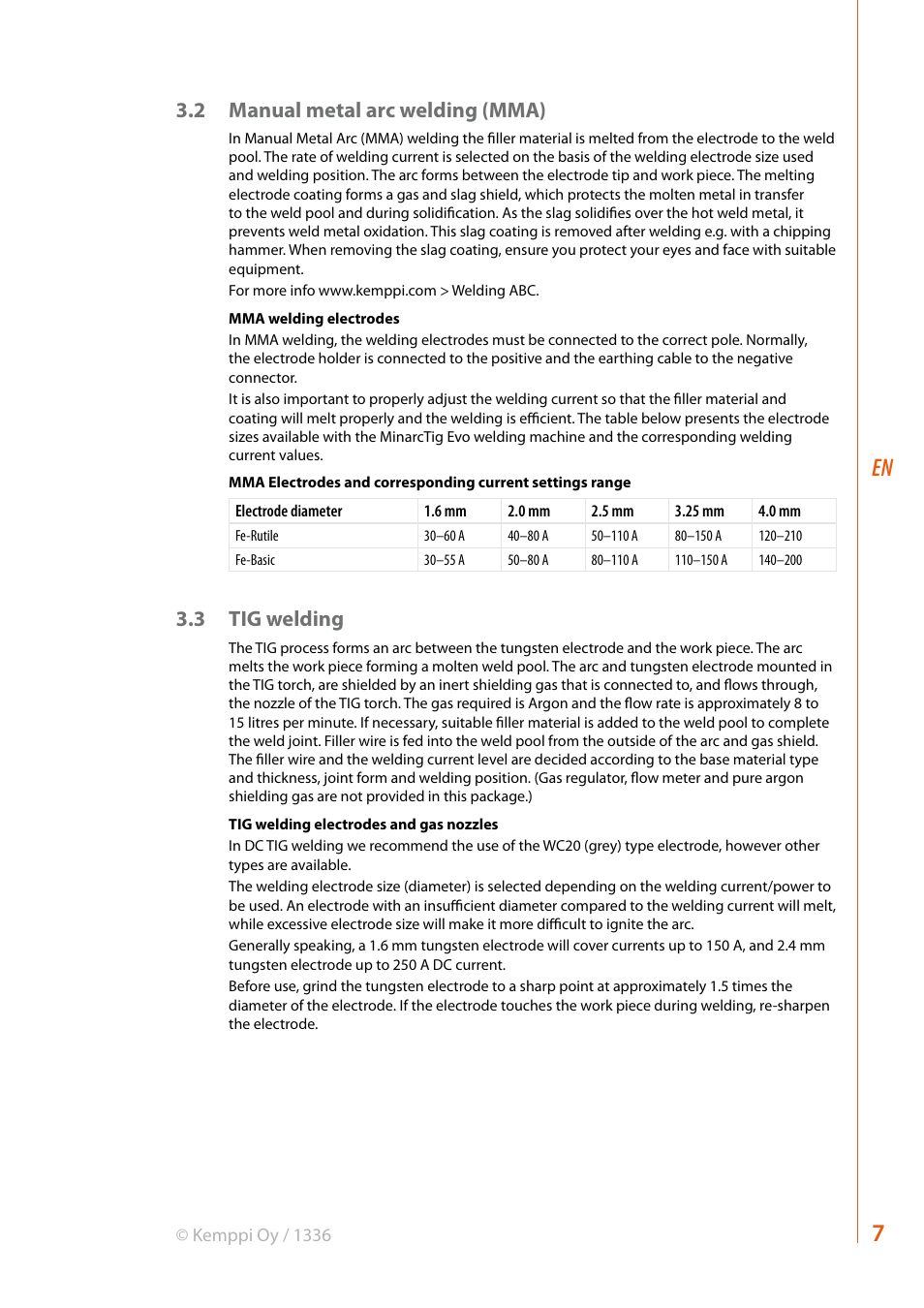 2 manual metal arc welding (mma), 3 tig welding | Kemppi Evo 200 User Manual | Page 9 / 20