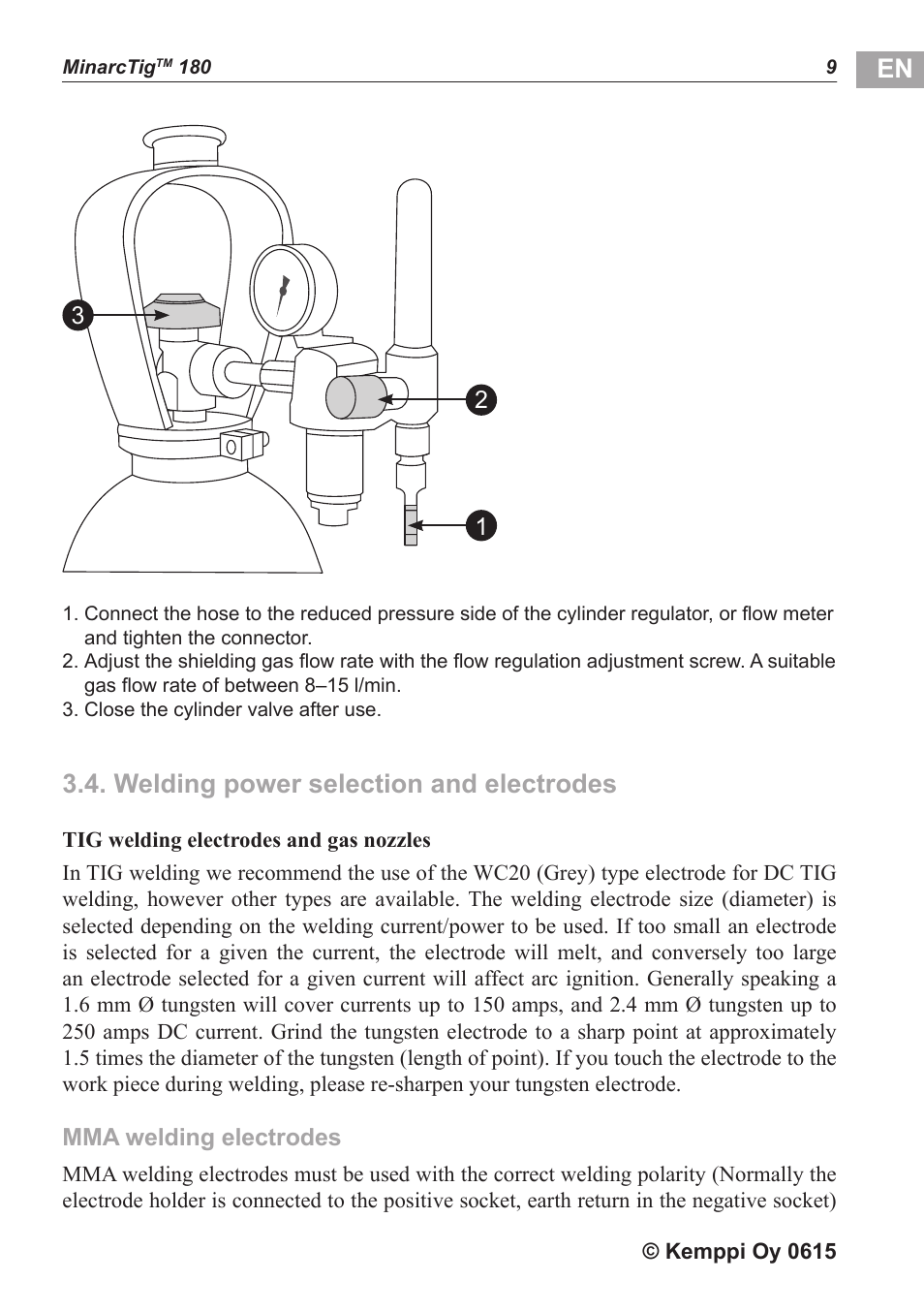 Welding power selection and electrodes | Kemppi MinarcTig 180 User Manual | Page 10 / 18
