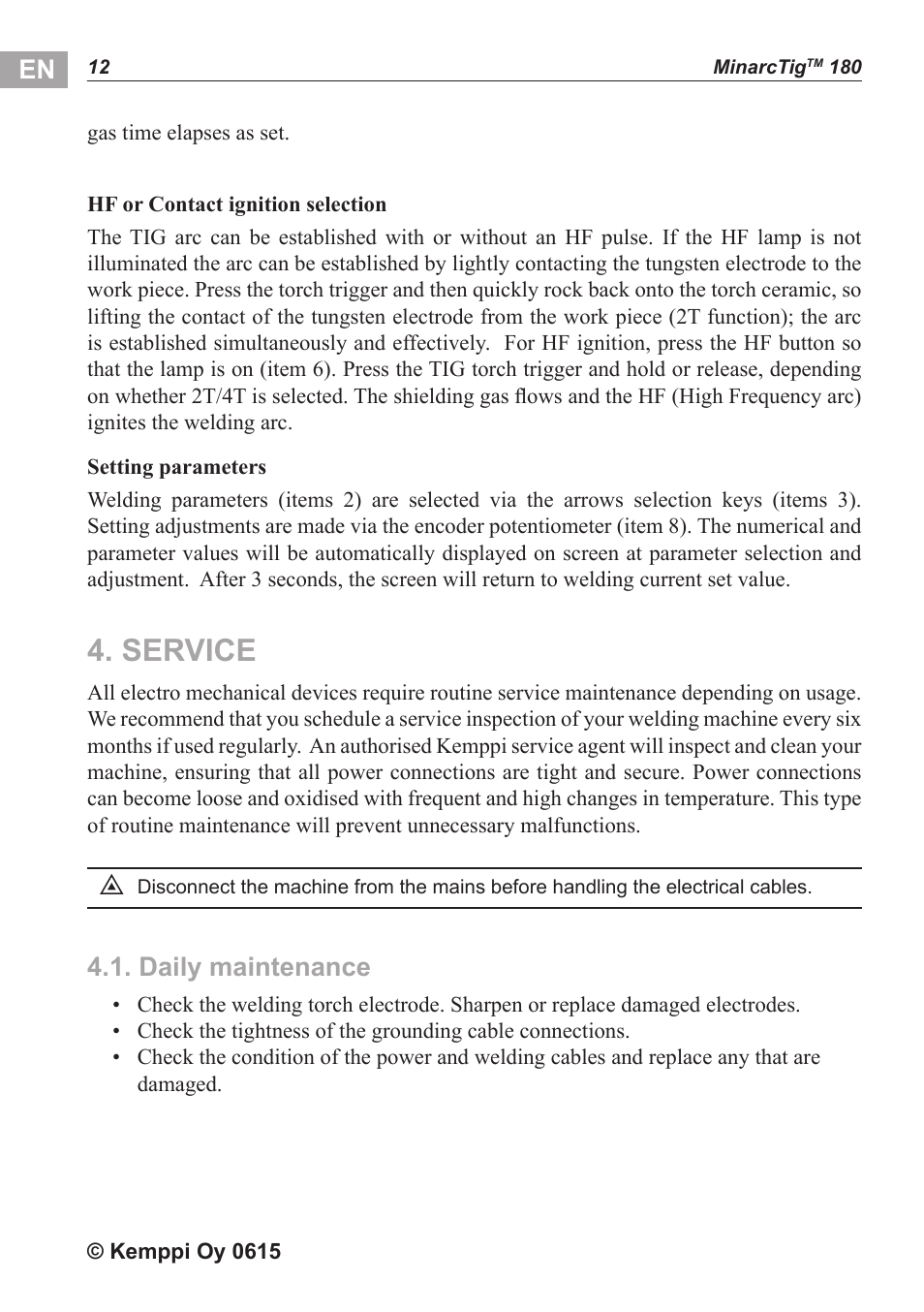 Service, Daily maintenance | Kemppi MinarcTig 180 User Manual | Page 13 / 18