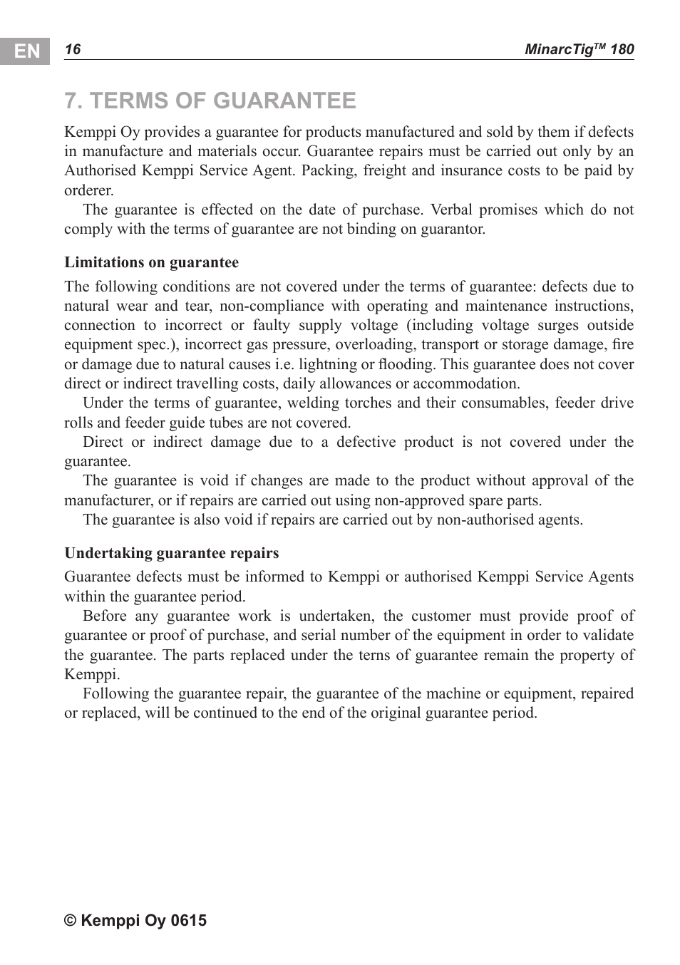 Terms of guarantee | Kemppi MinarcTig 180 User Manual | Page 17 / 18