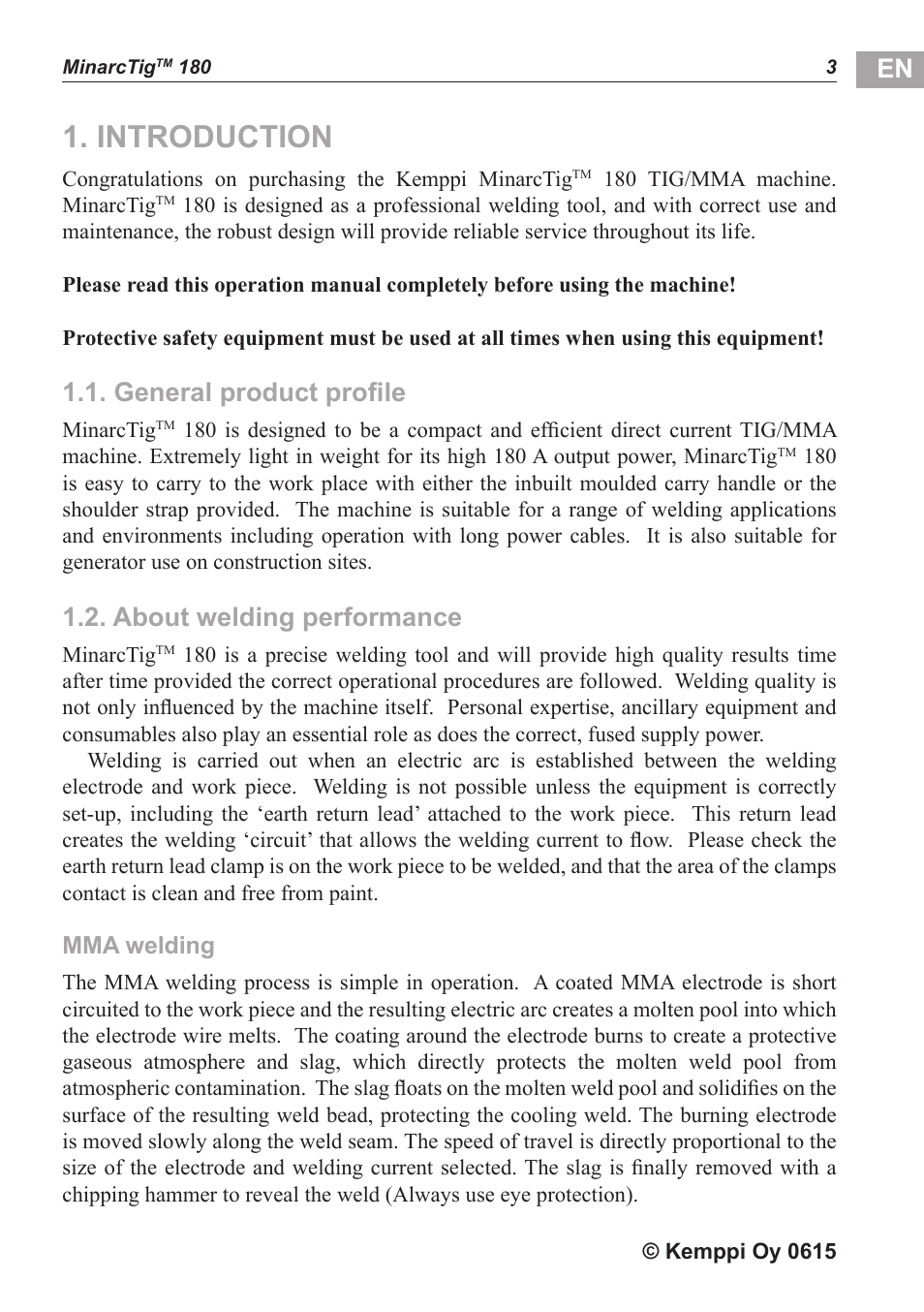 Introduction, General product profile, About welding performance | Kemppi MinarcTig 180 User Manual | Page 4 / 18