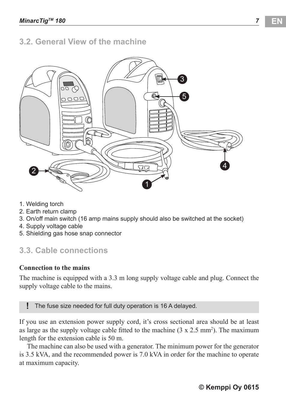 En 3.2. general view of the machine, Cable connections | Kemppi MinarcTig 180 User Manual | Page 8 / 18
