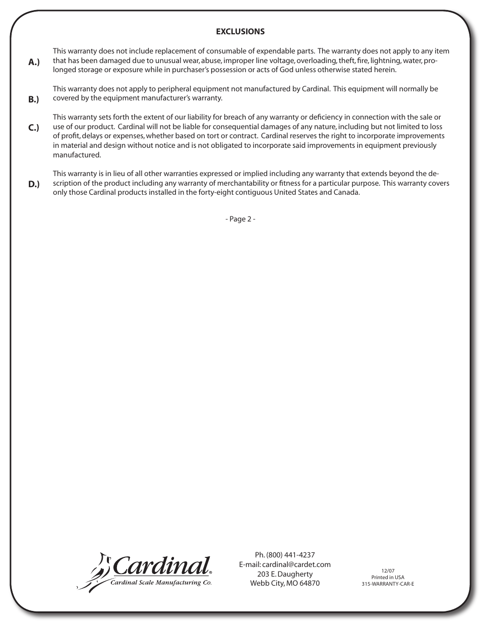 Cardinal Industries 225 WEIGHT INDICATOR User Manual | Page 115 / 116