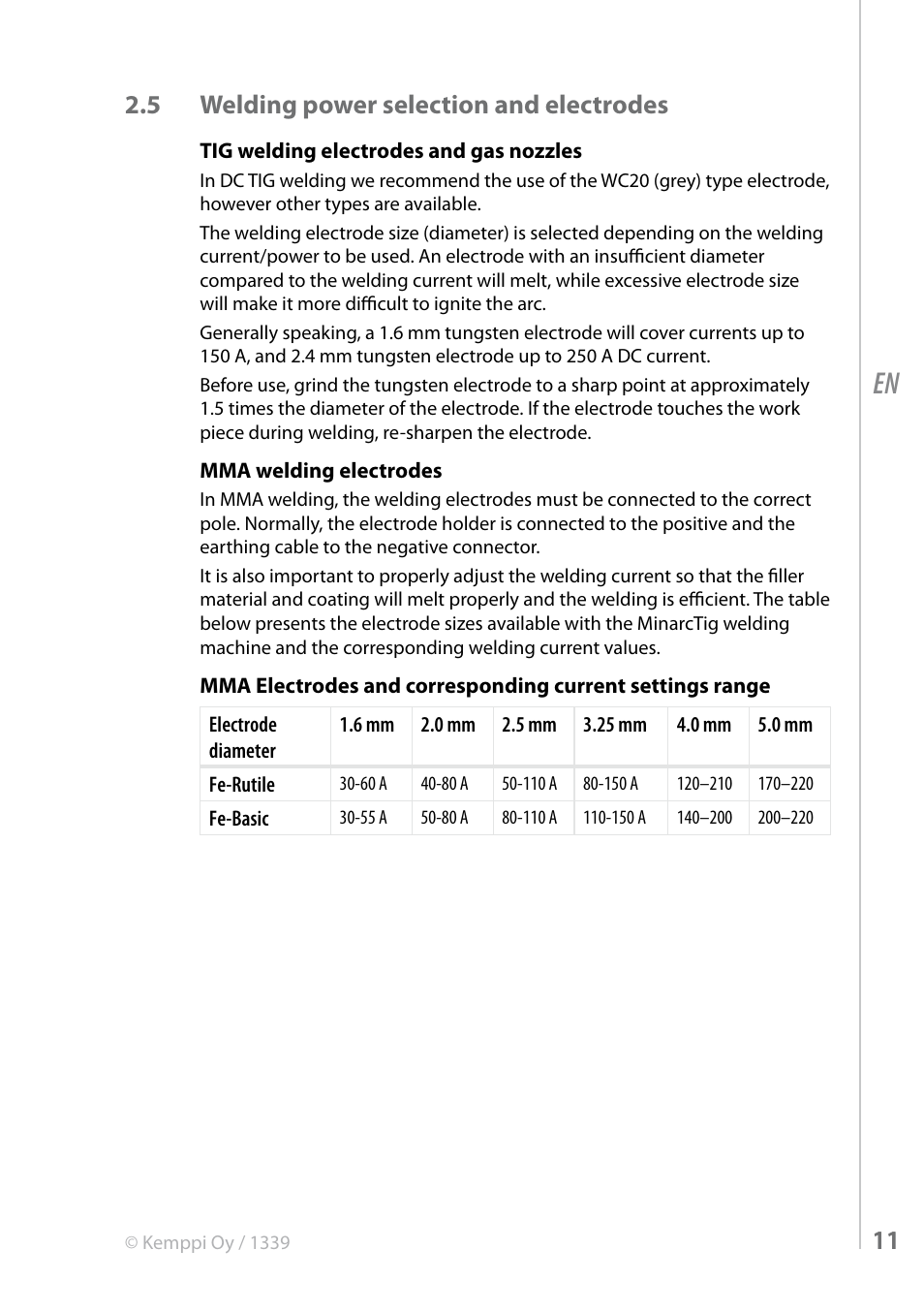 11 2.5 welding power selection and electrodes | Kemppi MinarcTig 250MLP User Manual | Page 11 / 24