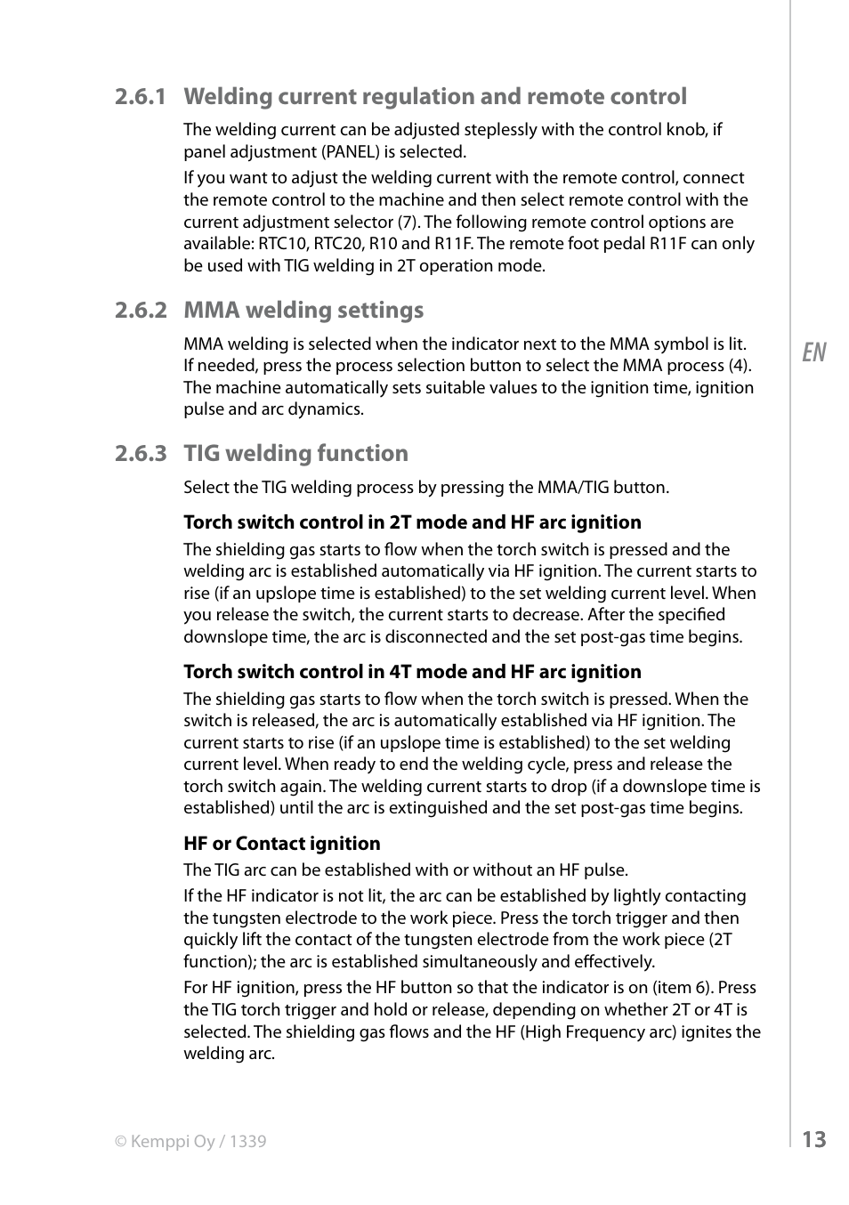 2 mma welding settings, 3 tig welding function | Kemppi MinarcTig 250MLP User Manual | Page 13 / 24