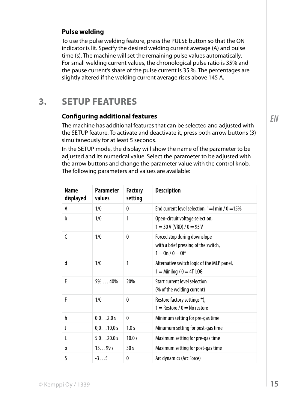Setup features | Kemppi MinarcTig 250MLP User Manual | Page 15 / 24