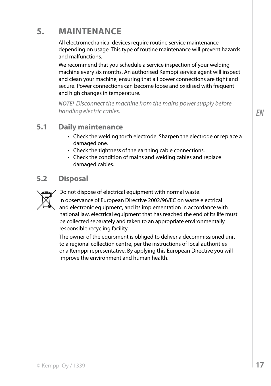 Maintenance, 1 daily maintenance, 2 disposal | Kemppi MinarcTig 250MLP User Manual | Page 17 / 24