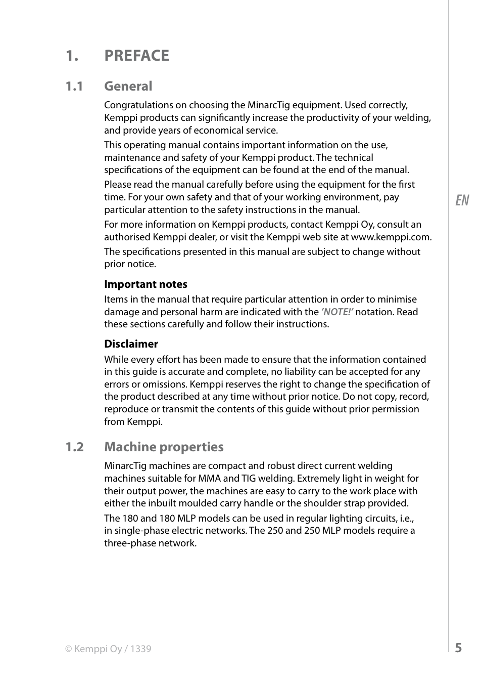 Preface, 1 general, 2 machine properties | Kemppi MinarcTig 250MLP User Manual | Page 5 / 24