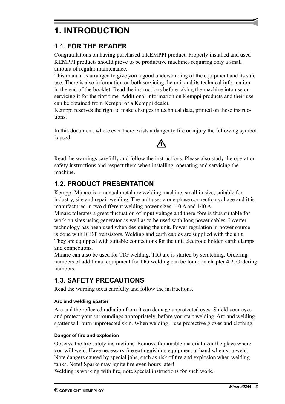 Introduction, For the reader, Product presentation | Safety precautions | Kemppi Minarc 110 User Manual | Page 3 / 11