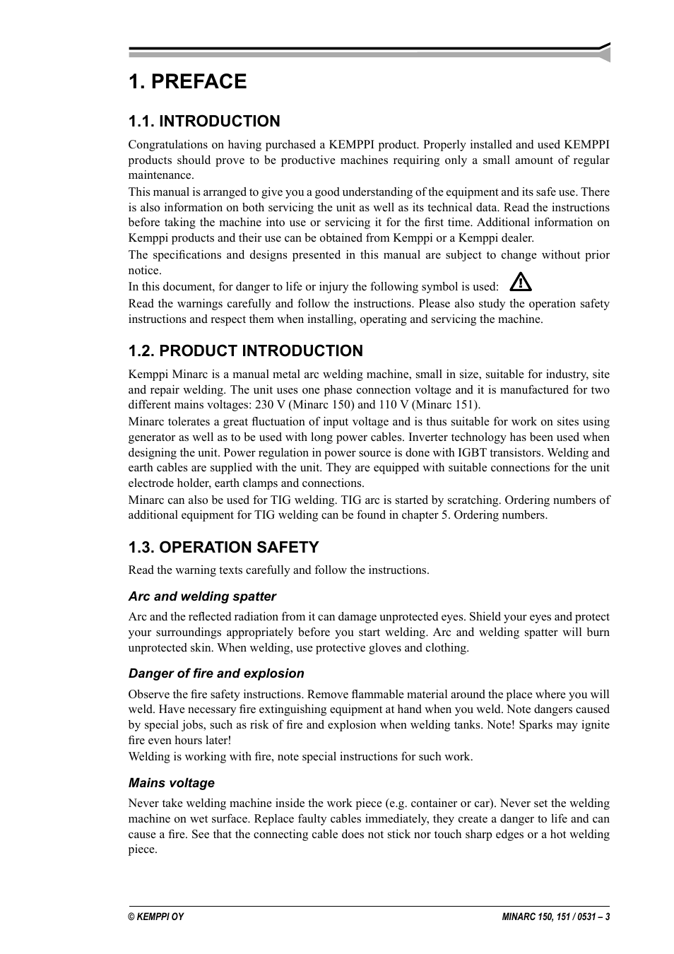 Einleitung, Vorwort, Produkteinführung | Betriebssicherheit, Johdanto, Lukijalle, Tuotteen esittely, Käyttöturvallisuus, Inledning, Till läsaren | Kemppi Minarc 150 User Manual | Page 3 / 11