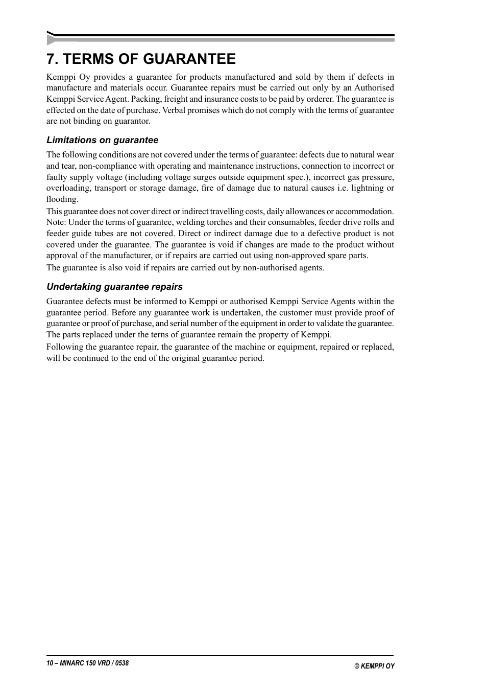 Terms of guarantee | Kemppi Minarc 150 VRD User Manual | Page 10 / 11