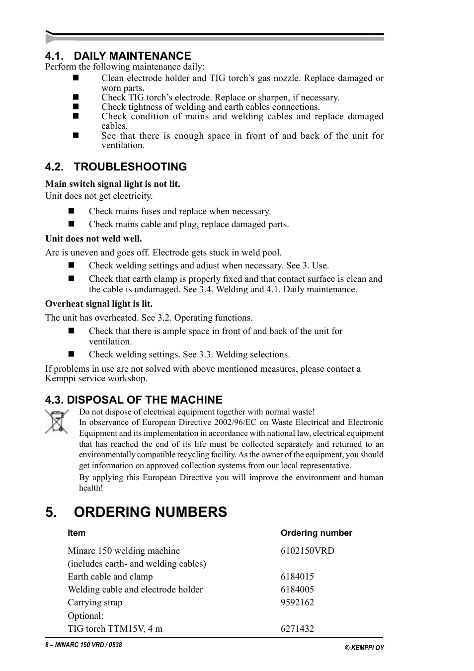 Ordering numbers | Kemppi Minarc 150 VRD User Manual | Page 8 / 11