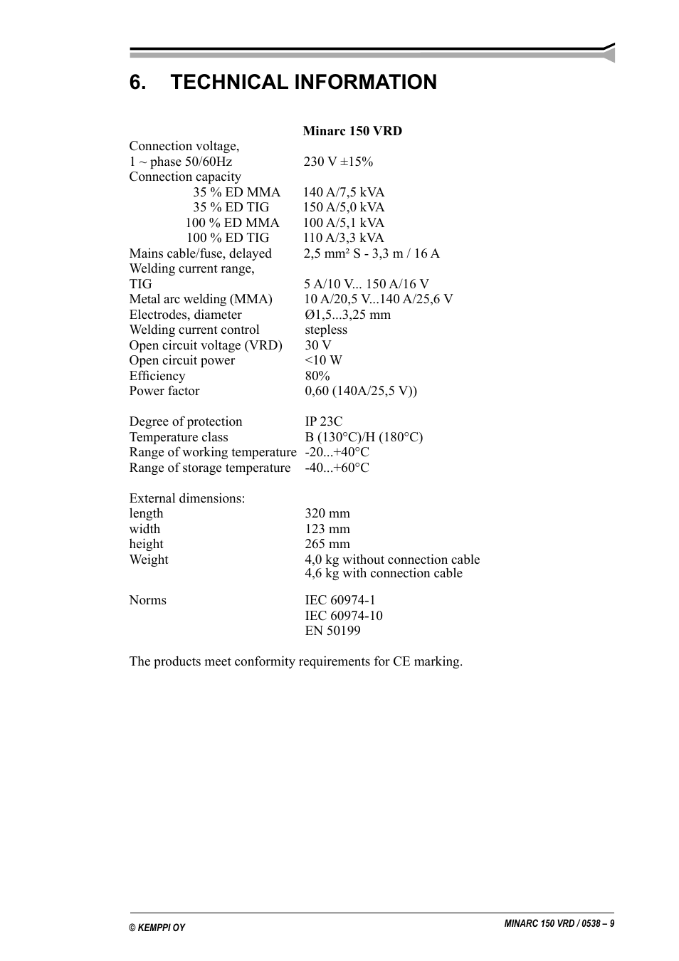 Technical information | Kemppi Minarc 150 VRD User Manual | Page 9 / 11