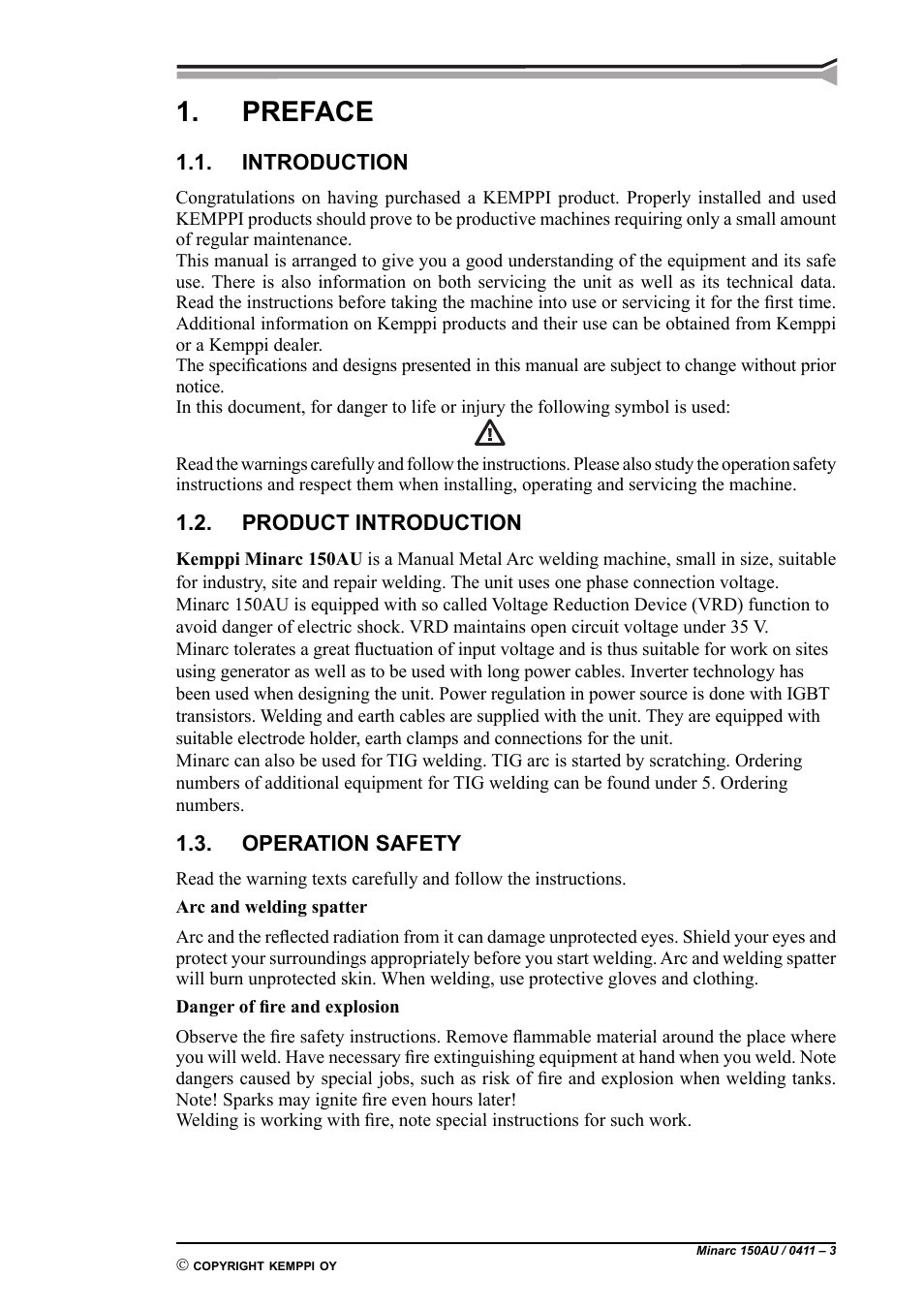 Preface, Introduction, Product introduction | Operation safety | Kemppi Minarc 150AU User Manual | Page 3 / 10