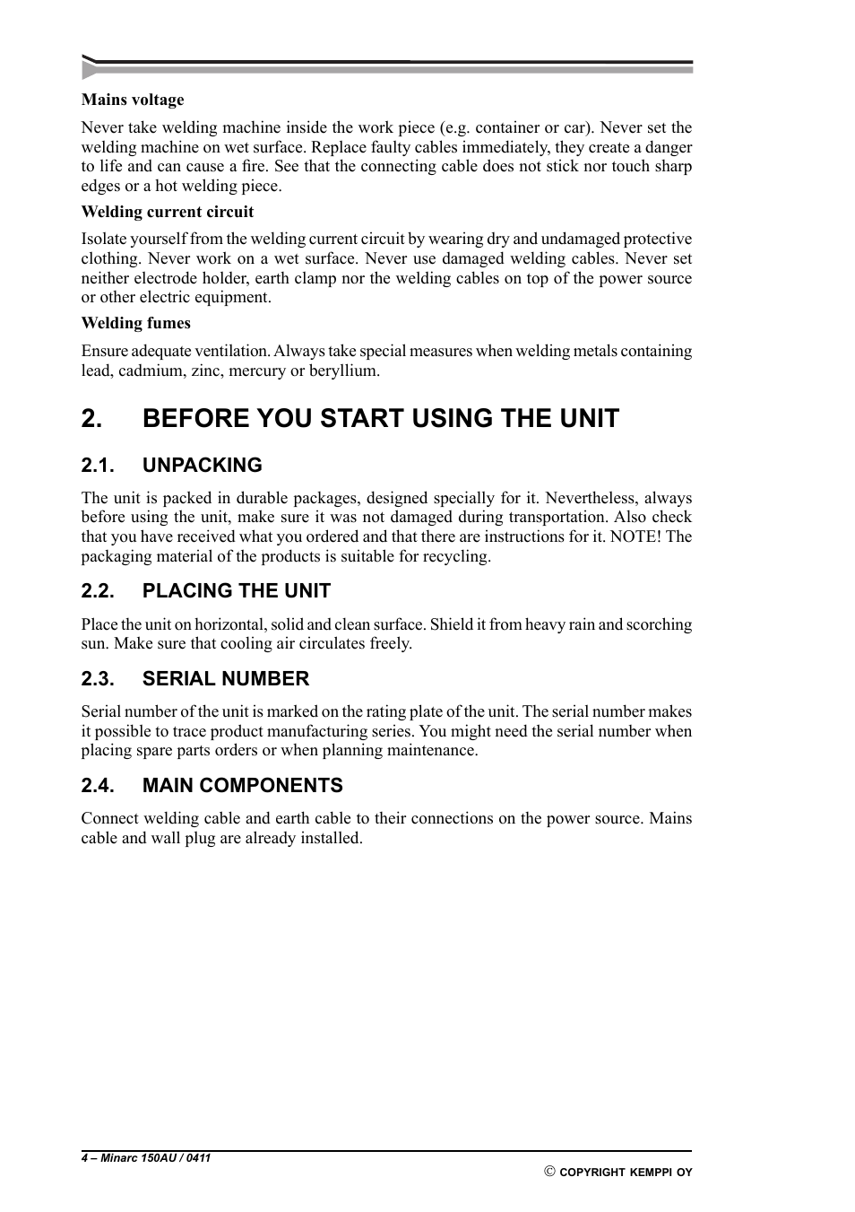 Before you start using the unit | Kemppi Minarc 150AU User Manual | Page 4 / 10