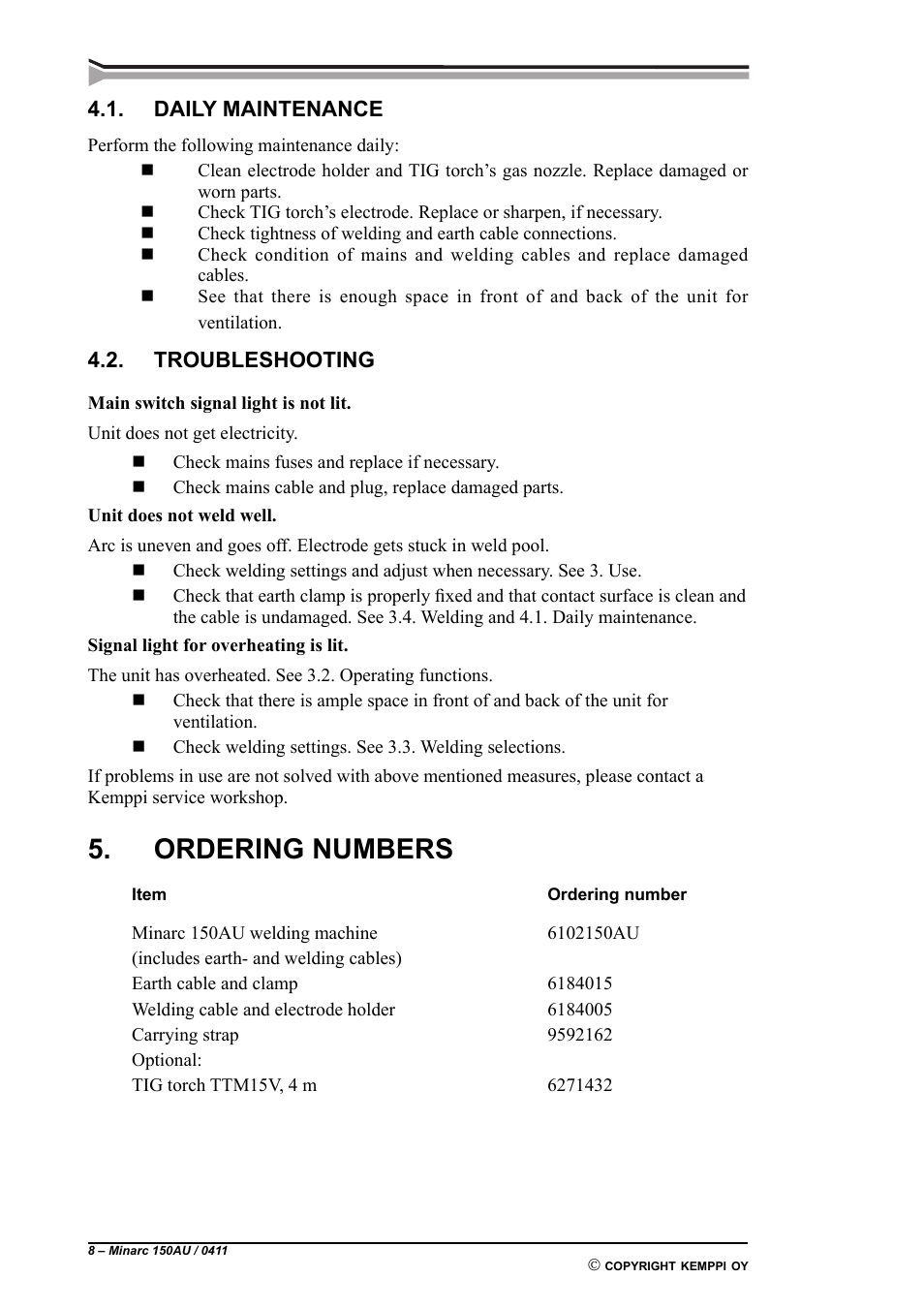Ordering numbers | Kemppi Minarc 150AU User Manual | Page 8 / 10