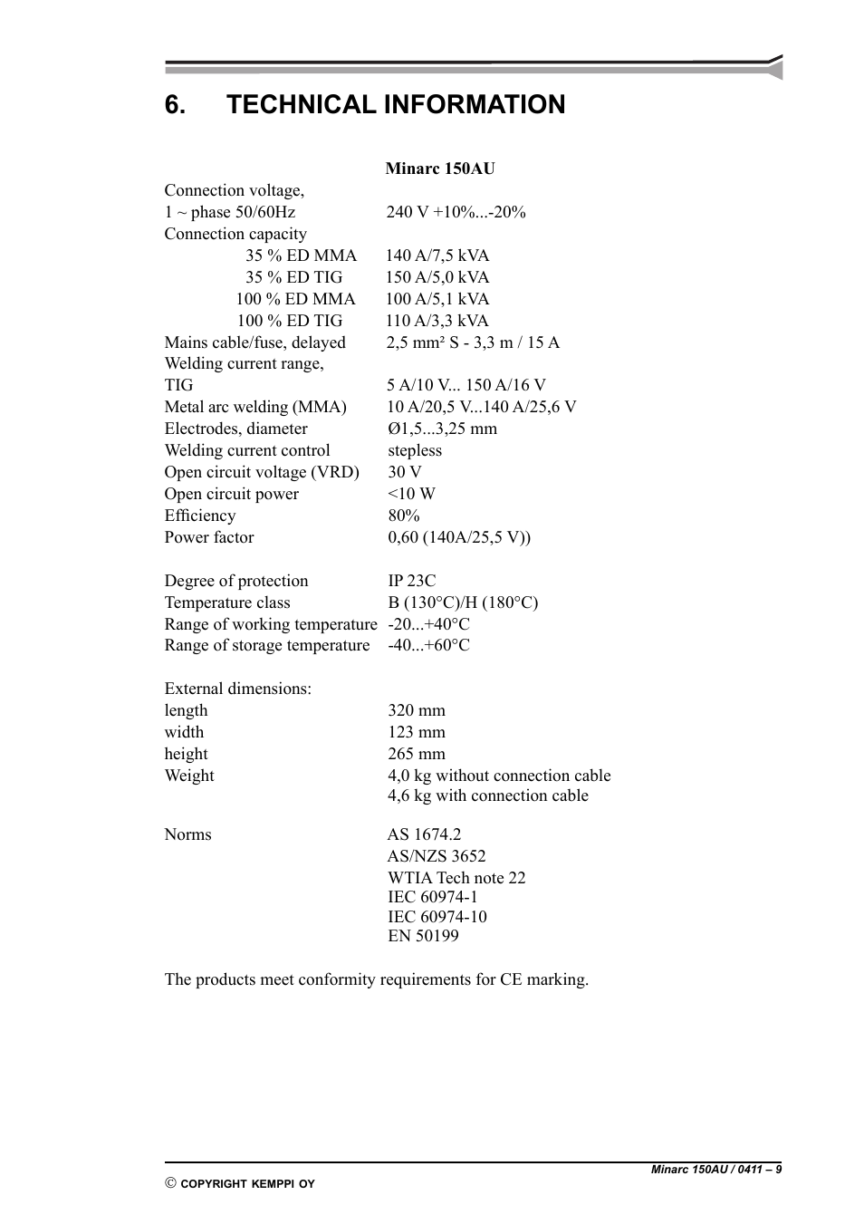 Technical information | Kemppi Minarc 150AU User Manual | Page 9 / 10