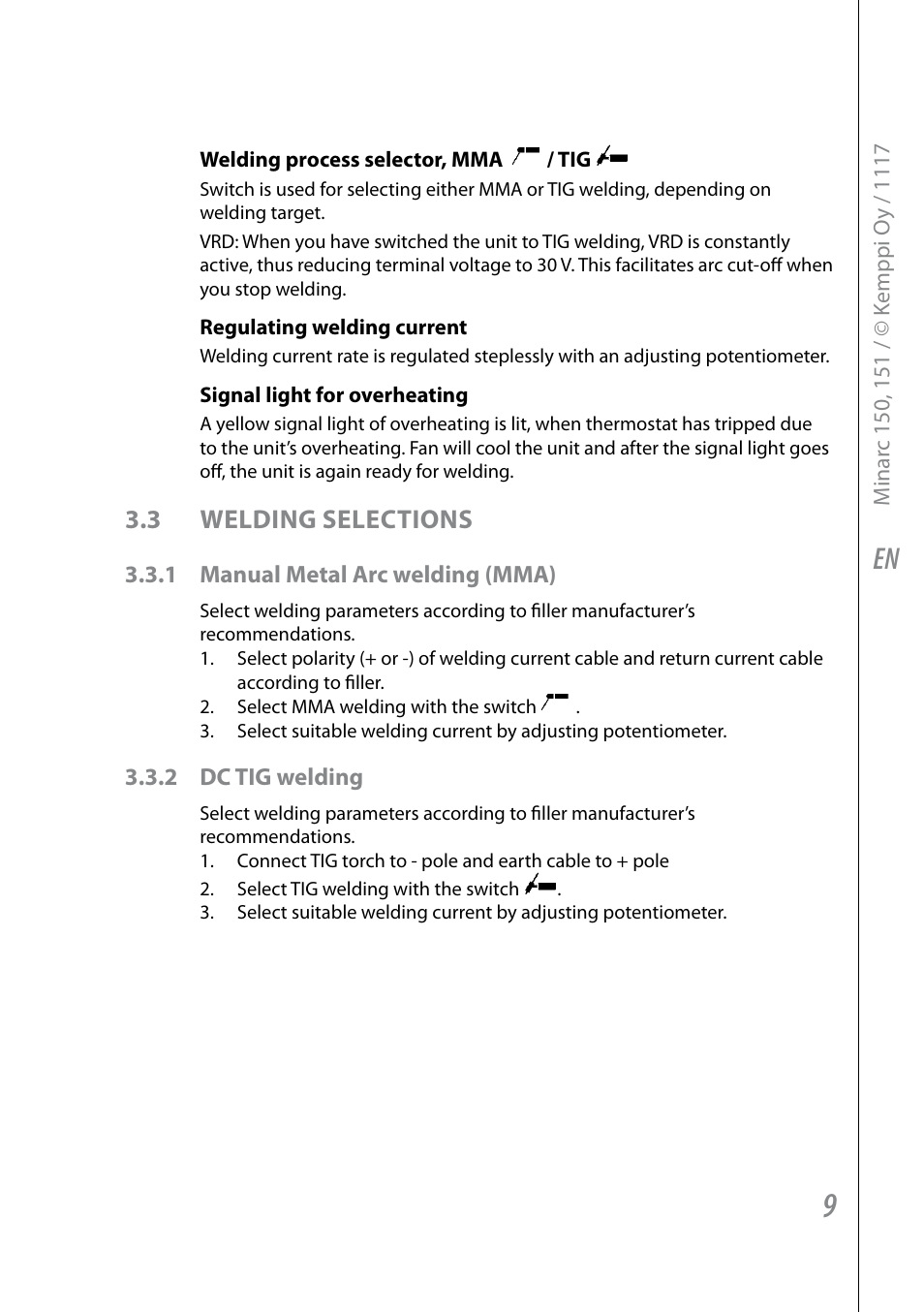3 welding selections | Kemppi Minarc 120 AU User Manual | Page 11 / 18