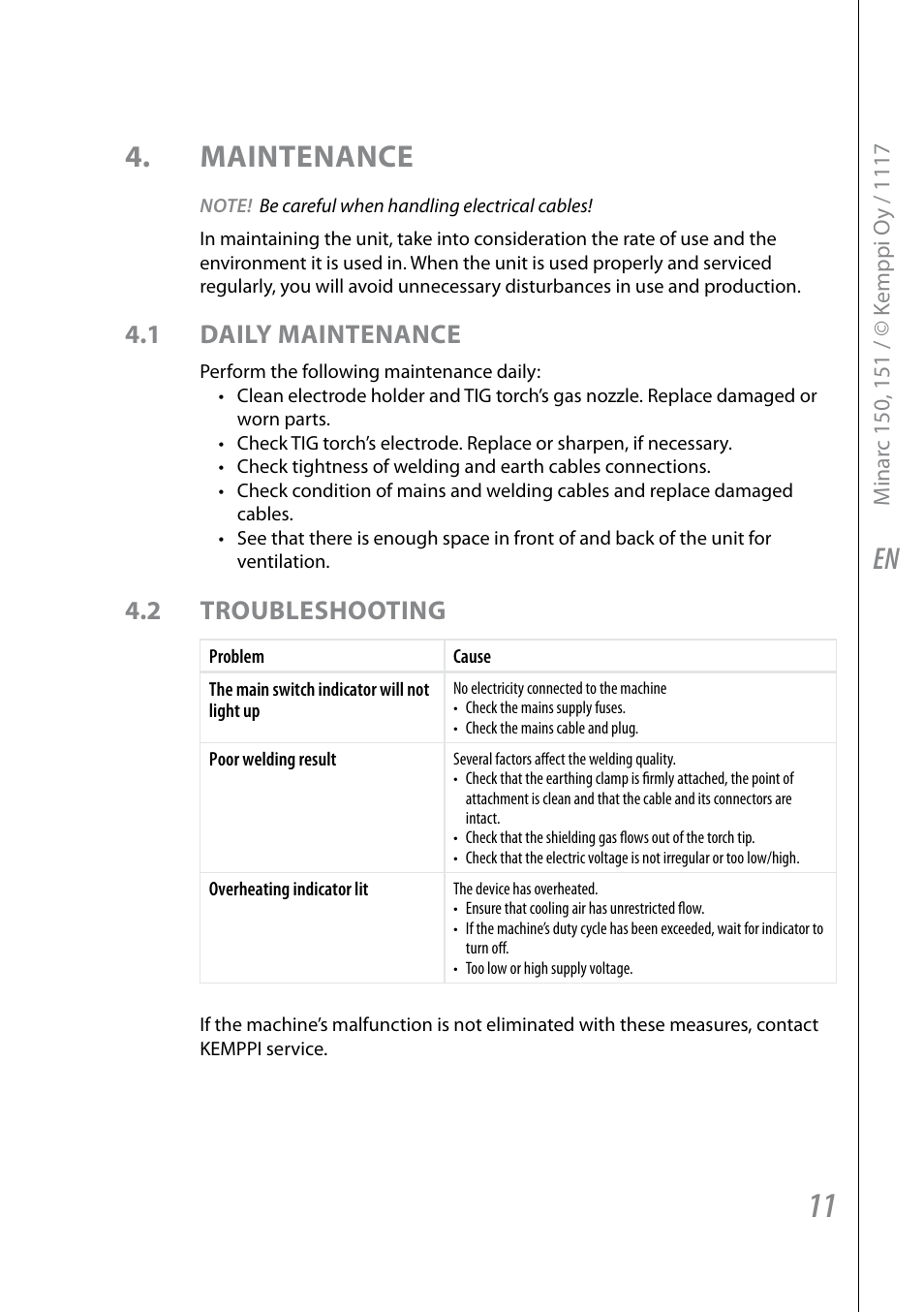 En 4. maintenance, 1 daily maintenance, 2 troubleshooting | Kemppi Minarc 120 AU User Manual | Page 13 / 18