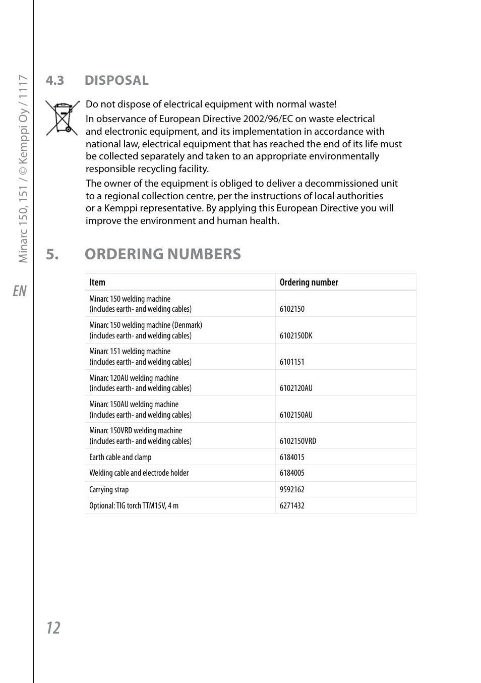 Ordering numbers, 3 disposal | Kemppi Minarc 120 AU User Manual | Page 14 / 18