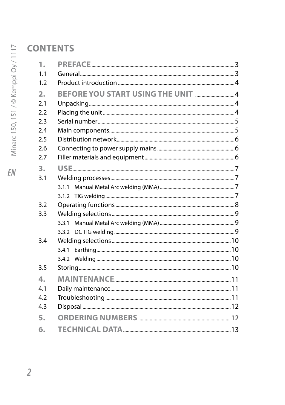 En contents, Preface, Before you start using the unit | Maintenance, Ordering numbers, Technical data | Kemppi Minarc 120 AU User Manual | Page 4 / 18