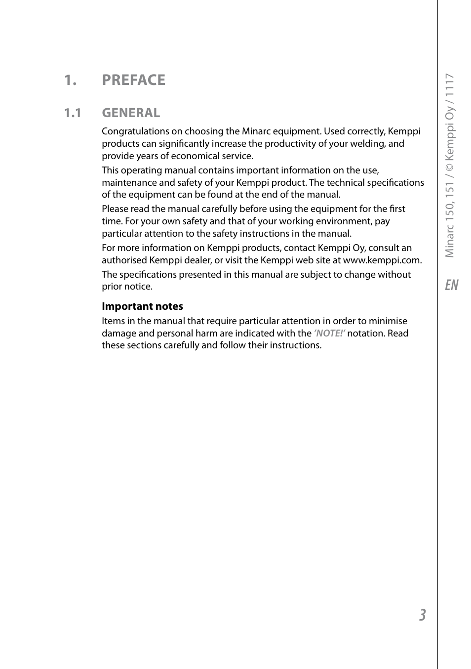 En 1. preface, 1 general | Kemppi Minarc 120 AU User Manual | Page 5 / 18