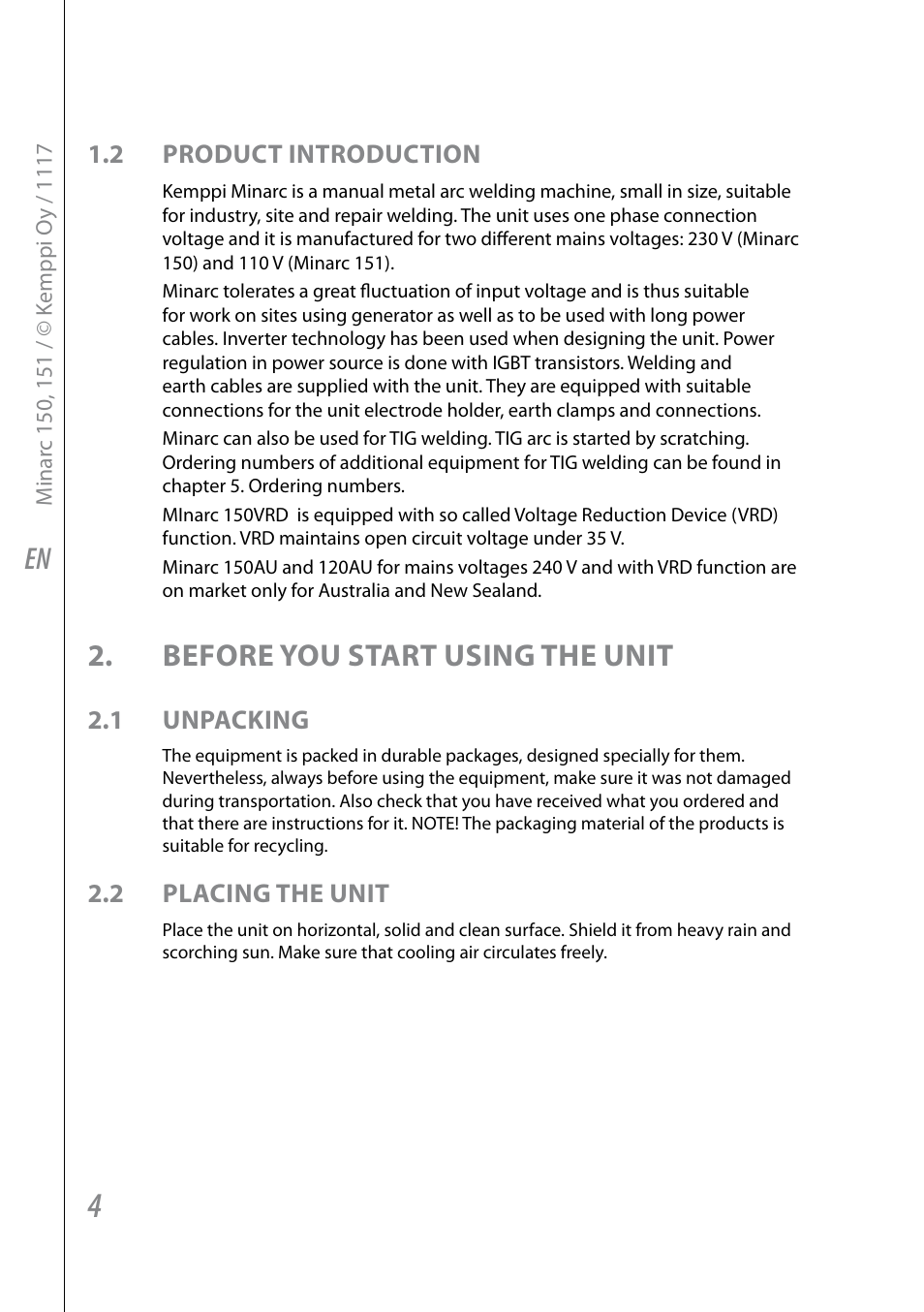 Before you start using the unit, 2 product introduction, 1 unpacking | 2 placing the unit | Kemppi Minarc 120 AU User Manual | Page 6 / 18