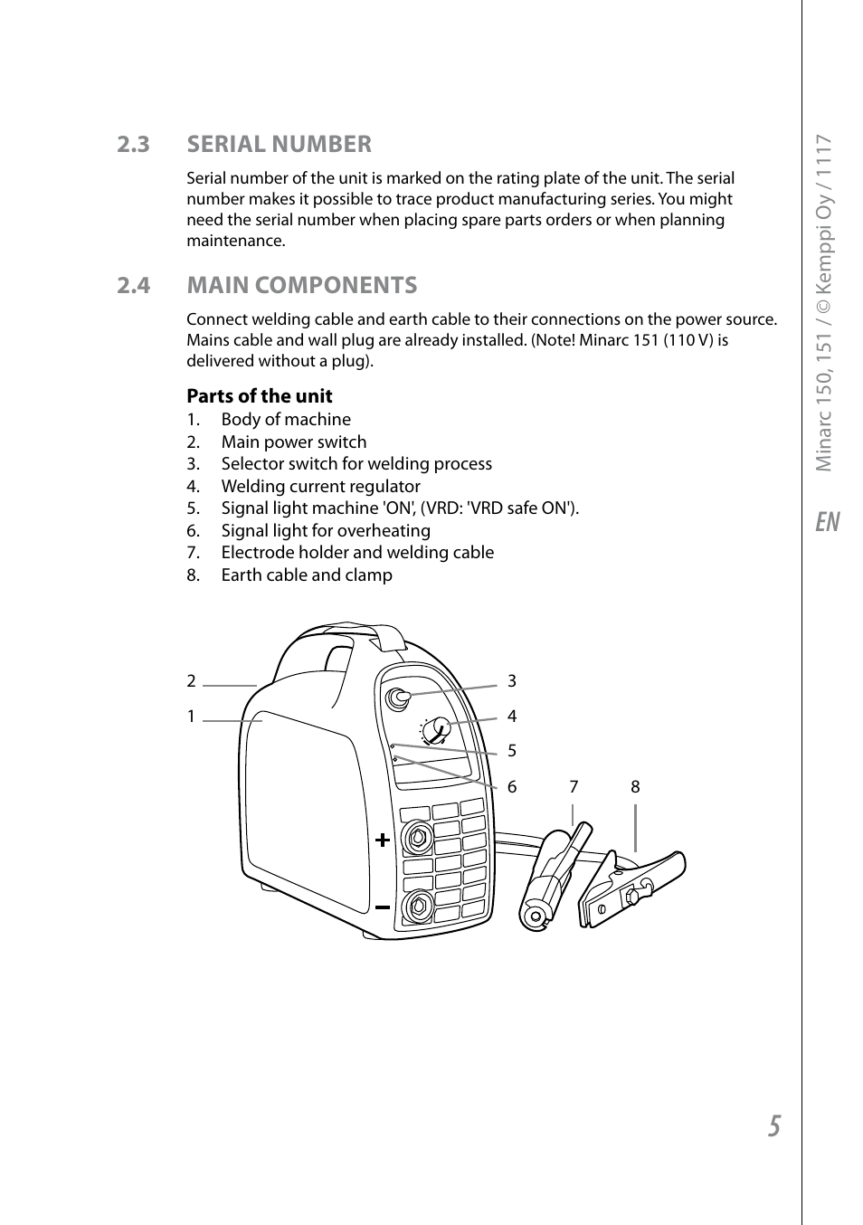 3 serial number, 4 main components | Kemppi Minarc 120 AU User Manual | Page 7 / 18
