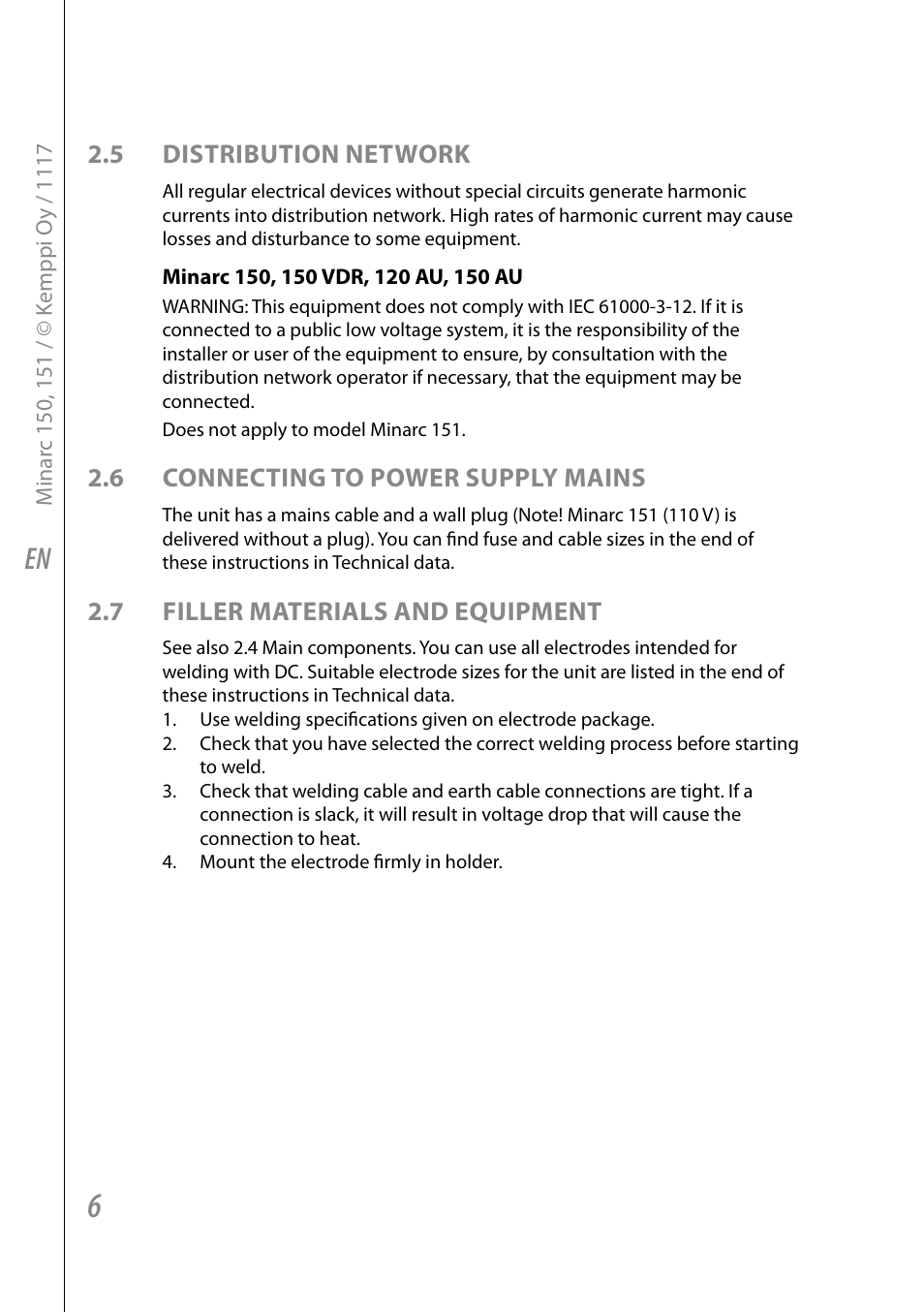5 distribution network, 6 connecting to power supply mains, 7 filler materials and equipment | Kemppi Minarc 120 AU User Manual | Page 8 / 18