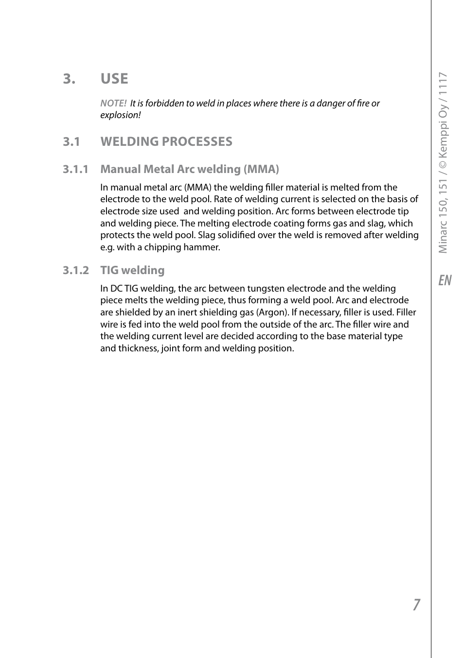 En 3. use, 1 welding processes | Kemppi Minarc 120 AU User Manual | Page 9 / 18