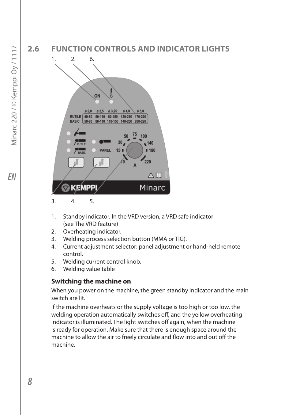 6 function controls and indicator lights | Kemppi Minarc 220 User Manual | Page 10 / 16