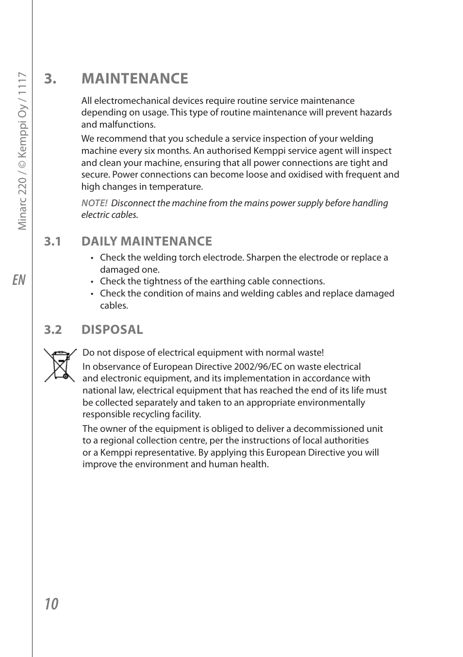 En 3. maintenance, 1 daily maintenance, 2 disposal | Kemppi Minarc 220 User Manual | Page 12 / 16