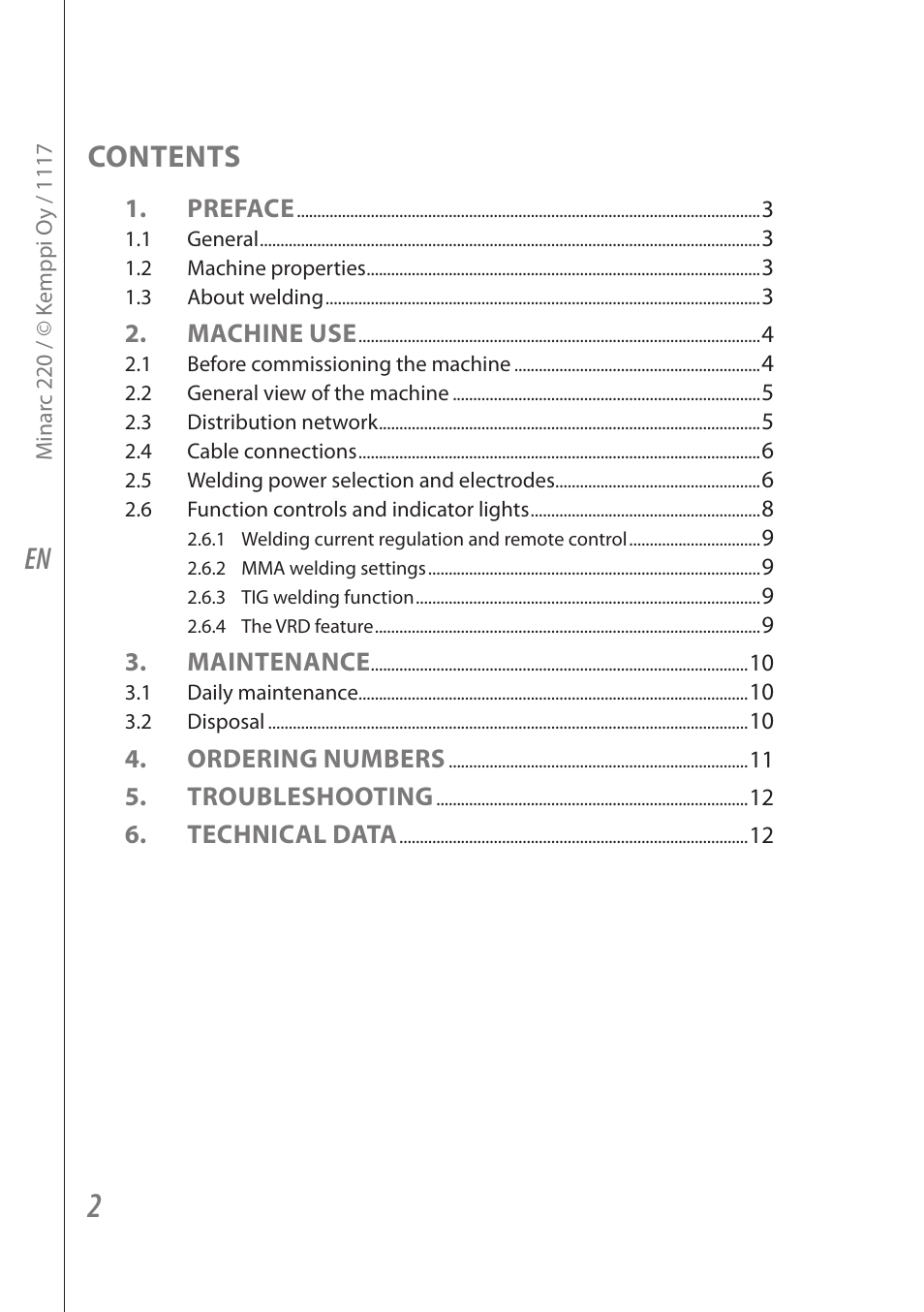 En contents, Preface, Machine use | Maintenance, Ordering numbers, Troubleshooting, Technical data | Kemppi Minarc 220 User Manual | Page 4 / 16