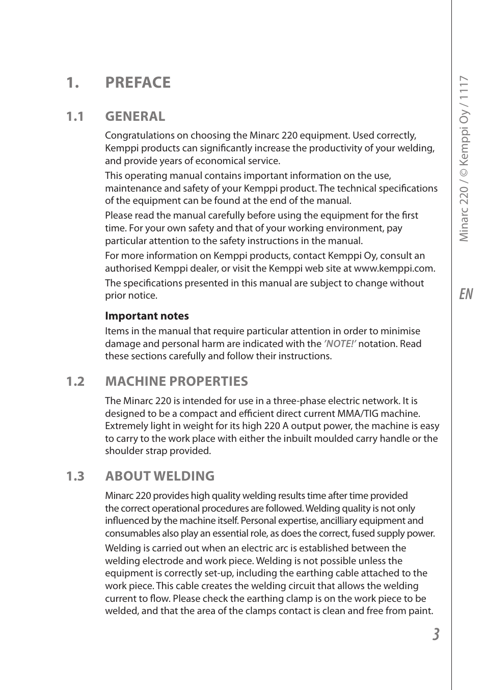 En 1. preface, 1 general, 2 machine properties | 3 about welding | Kemppi Minarc 220 User Manual | Page 5 / 16